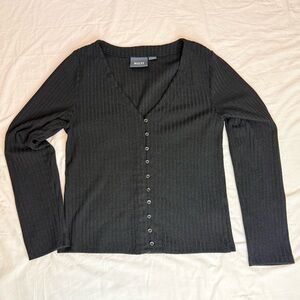 Maeve Anthropologie Black Shimmer Ribbed Button Front Long Sleeve Top XL